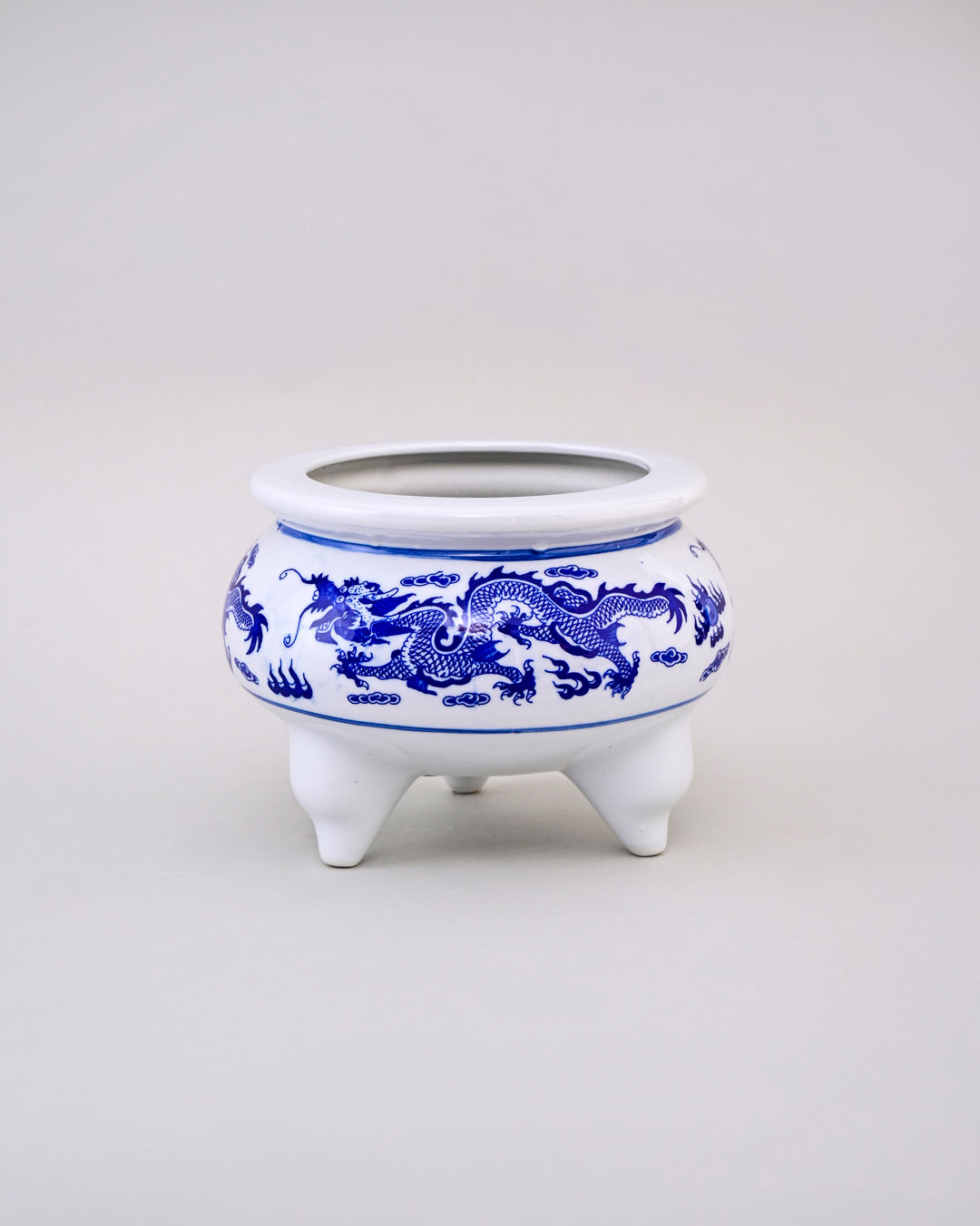Blue & White Dragon Motif Tripod Planter - 7"