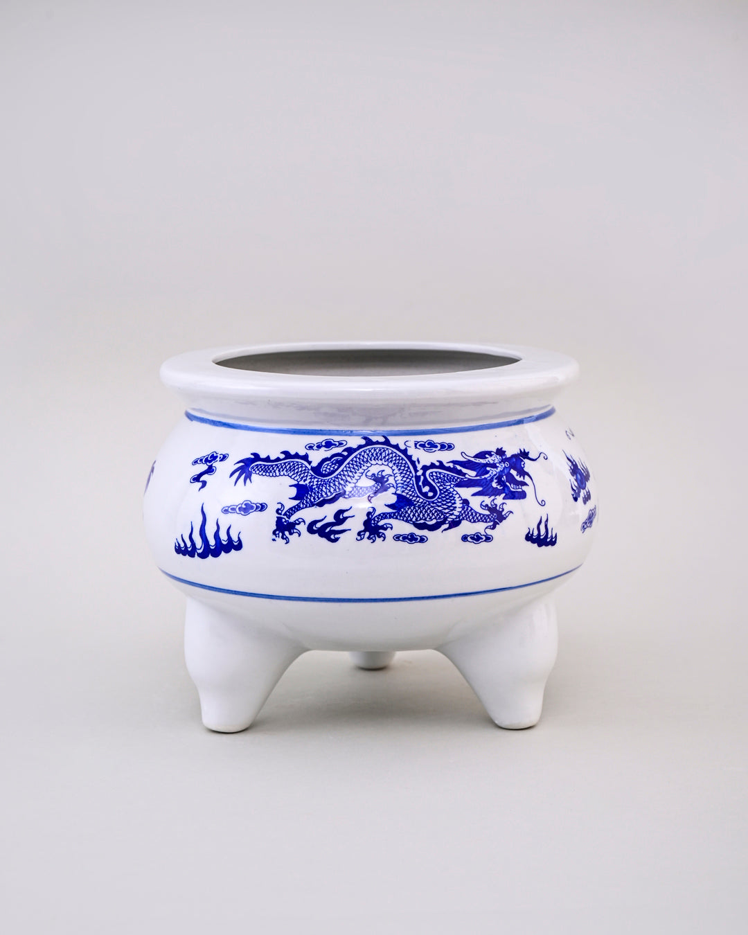 Blue & White Dragon Motif Tripod Planter - 12"