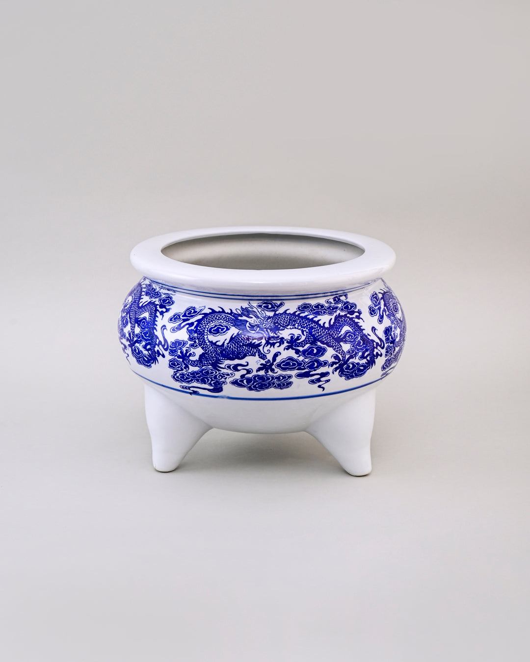 Blue & White Dragon Motif Tripod Planter - 8"