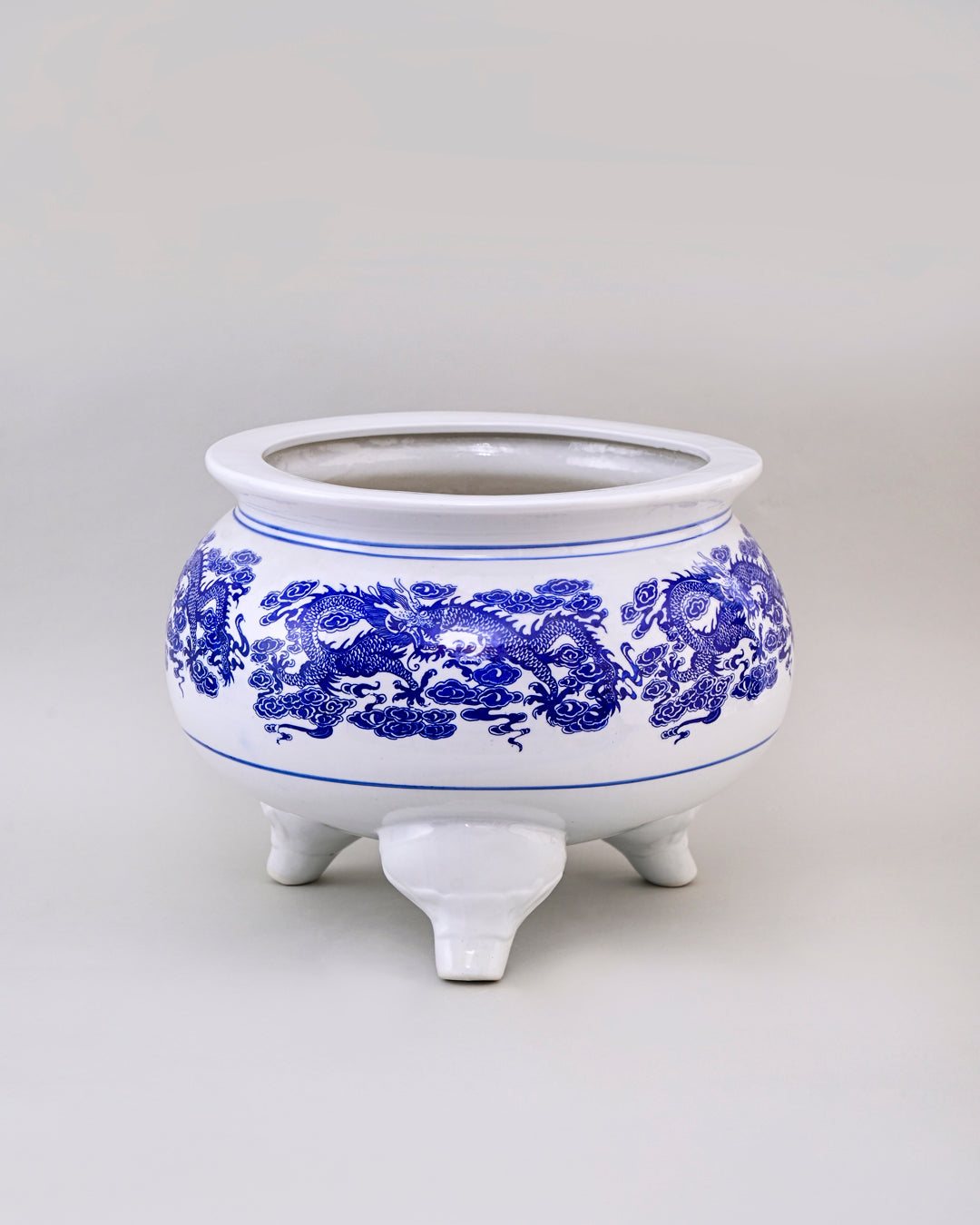 Blue & White Dragon Motif Tripod Planter - 16"