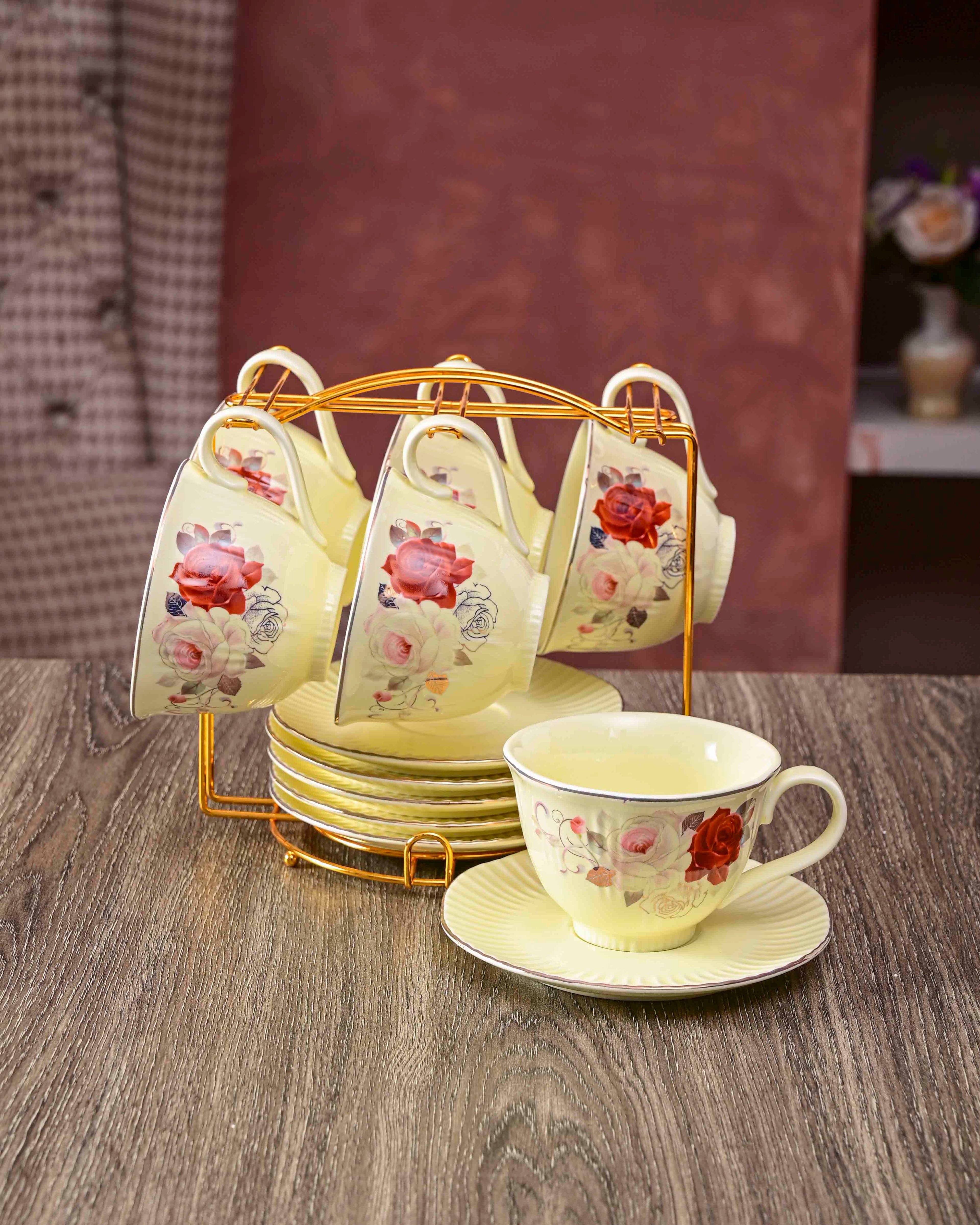 Vintage Floral Embossed - 13 Piece Tea Set with Stand