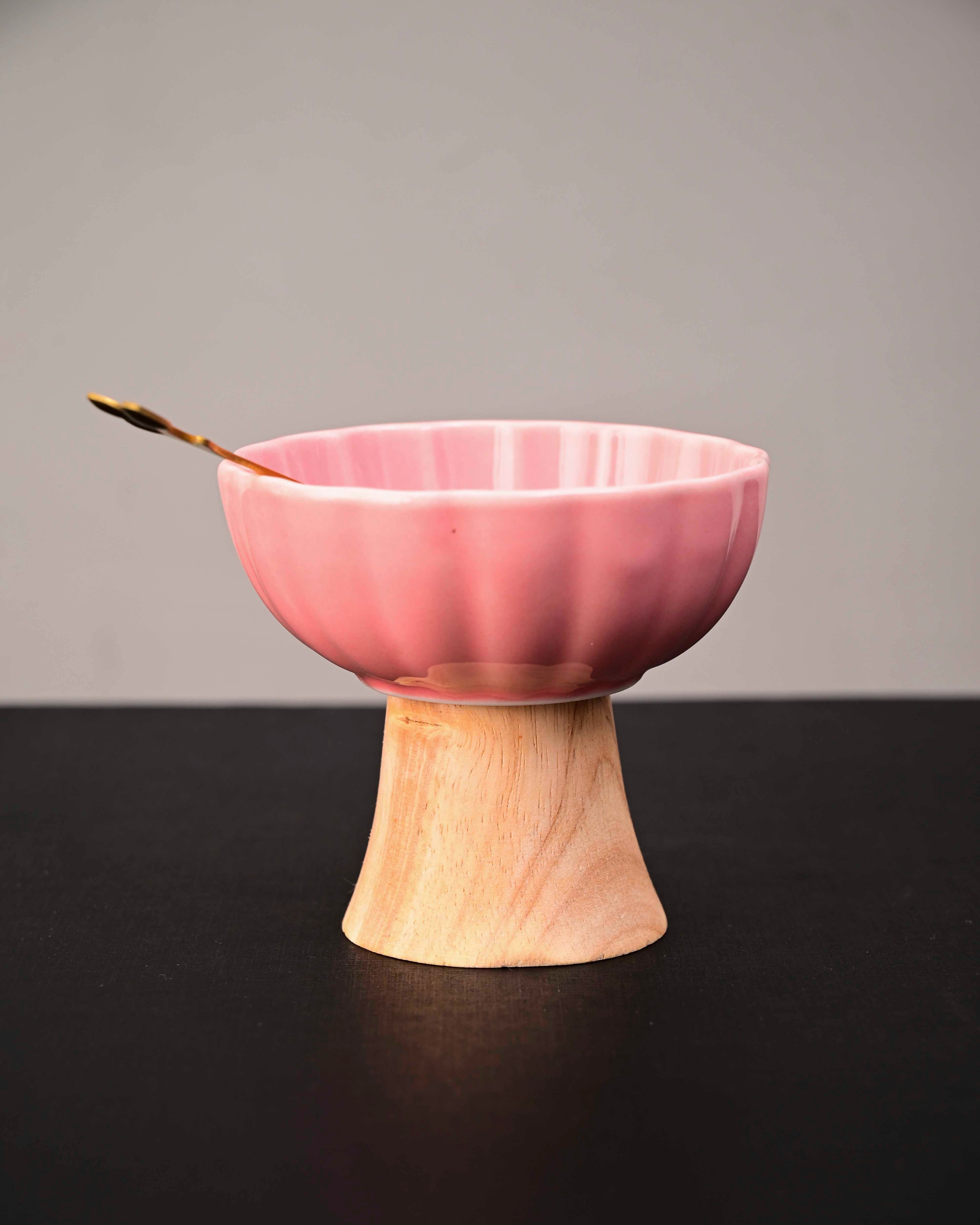 Ceramic + Wood Dessert Bowl - Pink