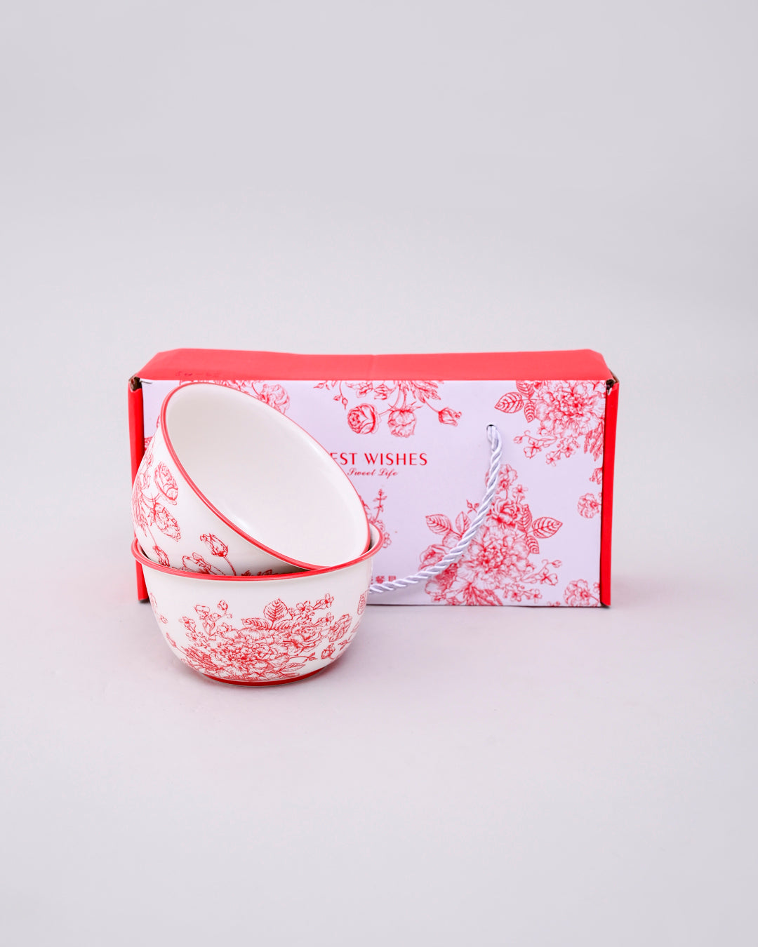 Red Floral Ceramic Katori - Set Of 2