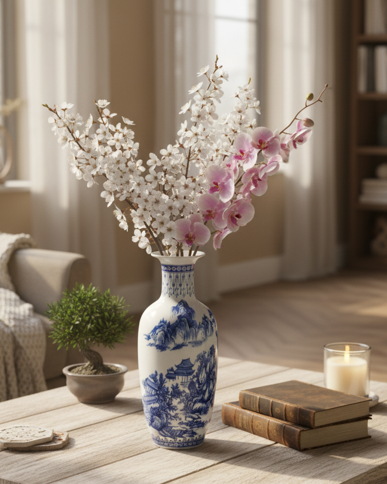 Oriental Blue & White Landscape Flower Vase