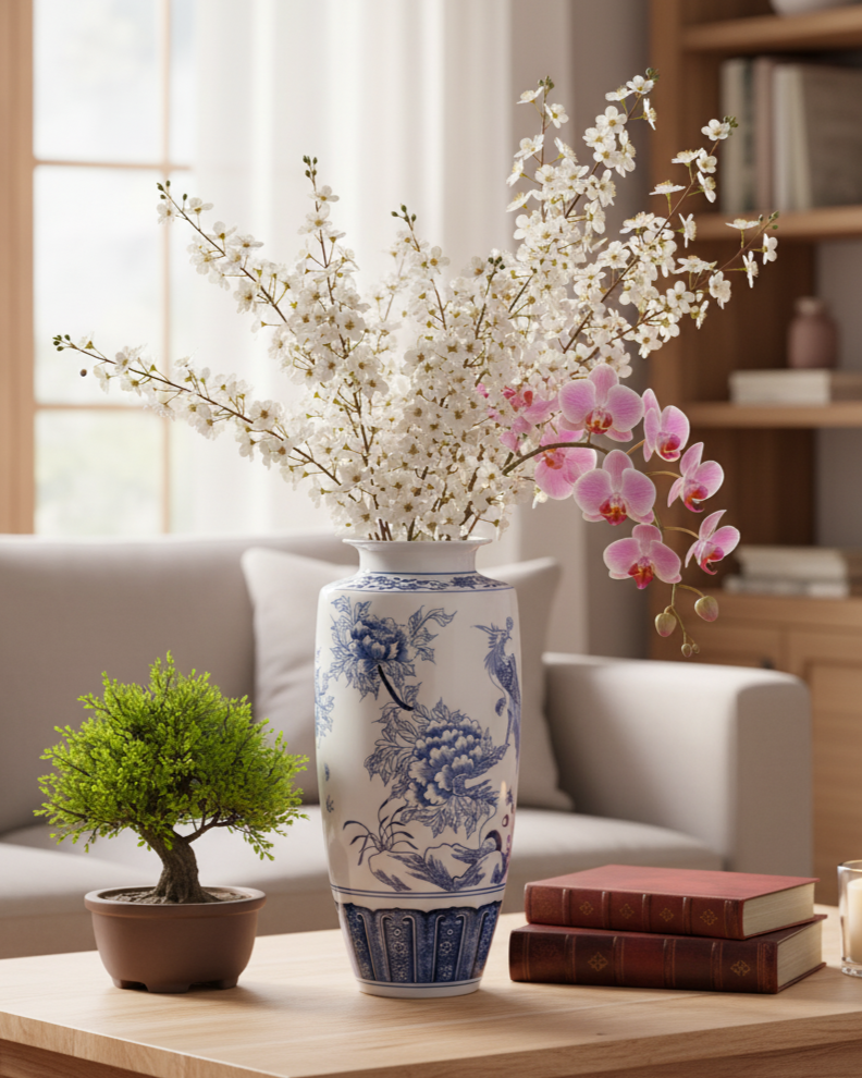 Elegant Blue & White Floral Bird Ceramic Vase