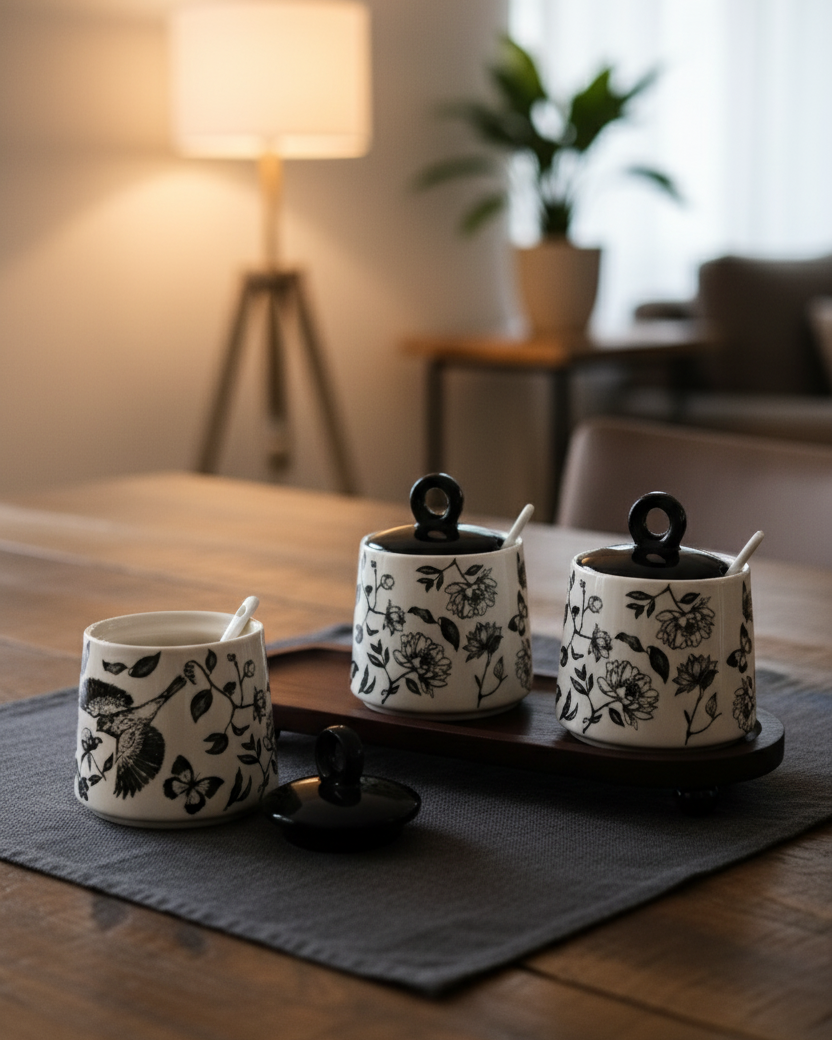 Floral Ceramic Condiment Jar Set - Black