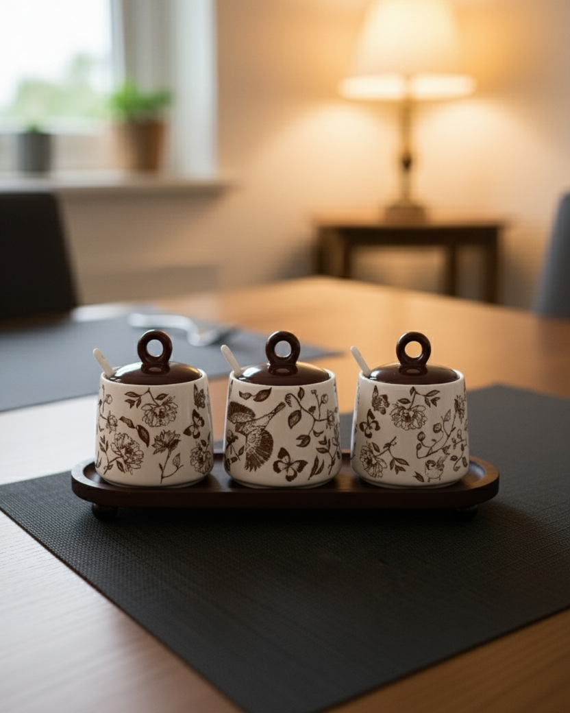 Floral Ceramic Condiment Jar Set - Brown