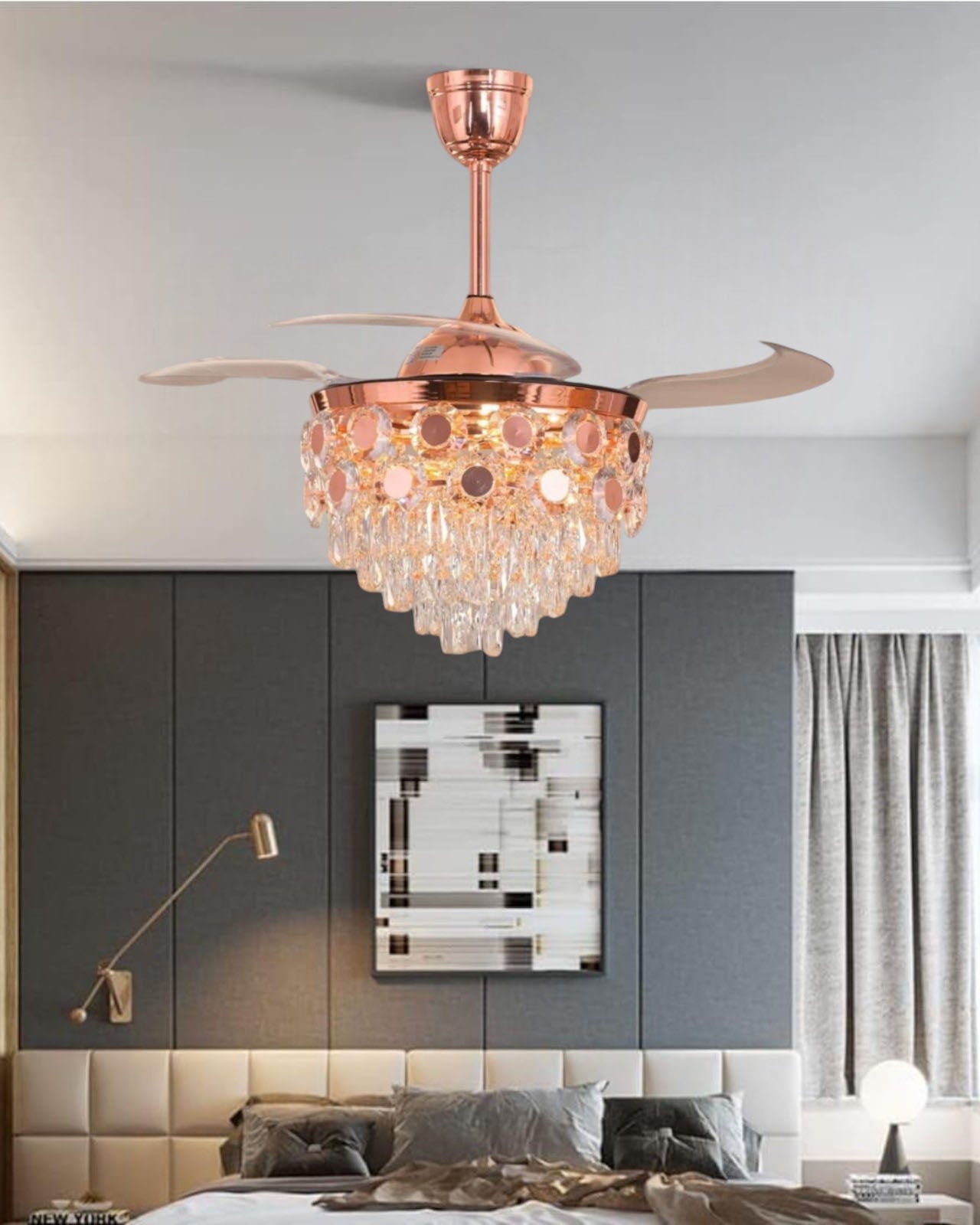 Luxury Rose Gold Retractable Ceiling Fan + Chandelier Light (with Remote Control)