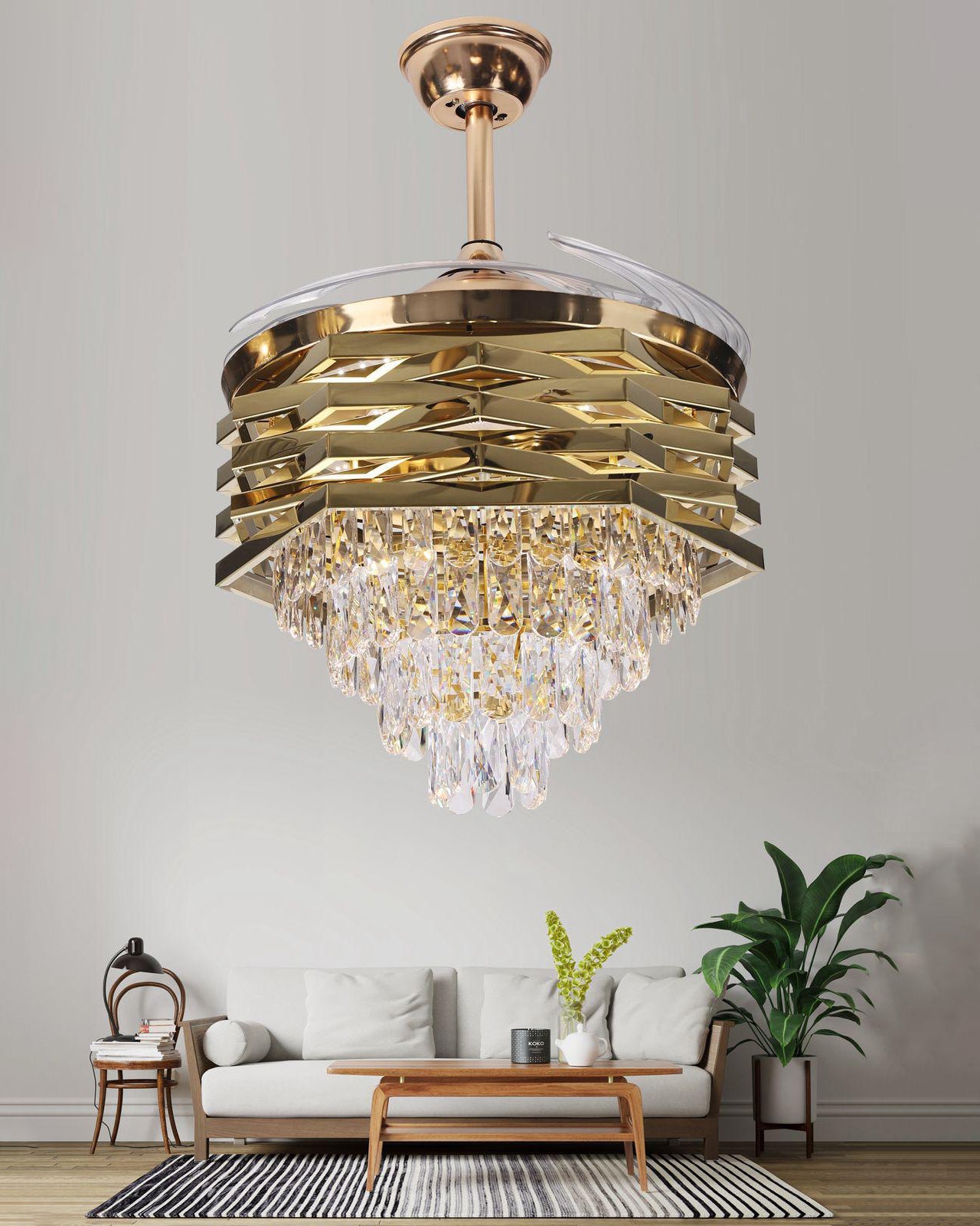 Regal Gold Retractable Ceiling Fan + Chandelier Light (with Remote Control)