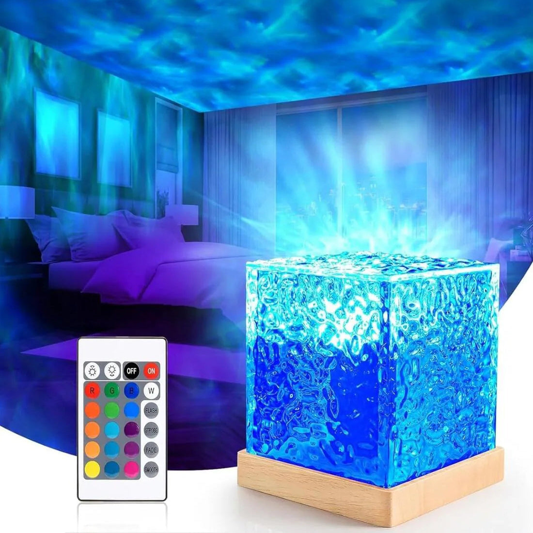 PrismCube: Soothing Ambient Ocean Wave Lamp with 3D Water Effect, 16-Color LED Projection & Remote Control for Relaxing Room D‚àö¬©cor