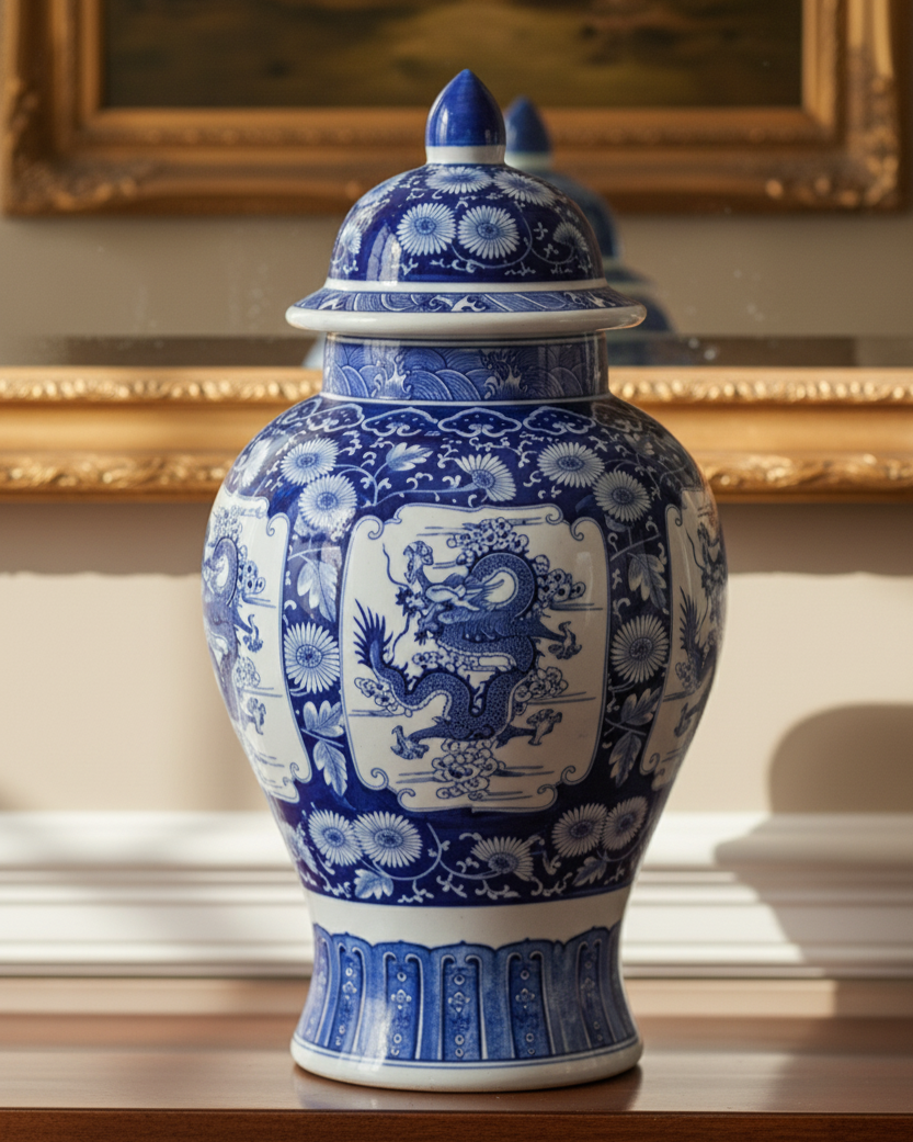 Guardian Dragon Blue & White Temple Jar - 53 cm