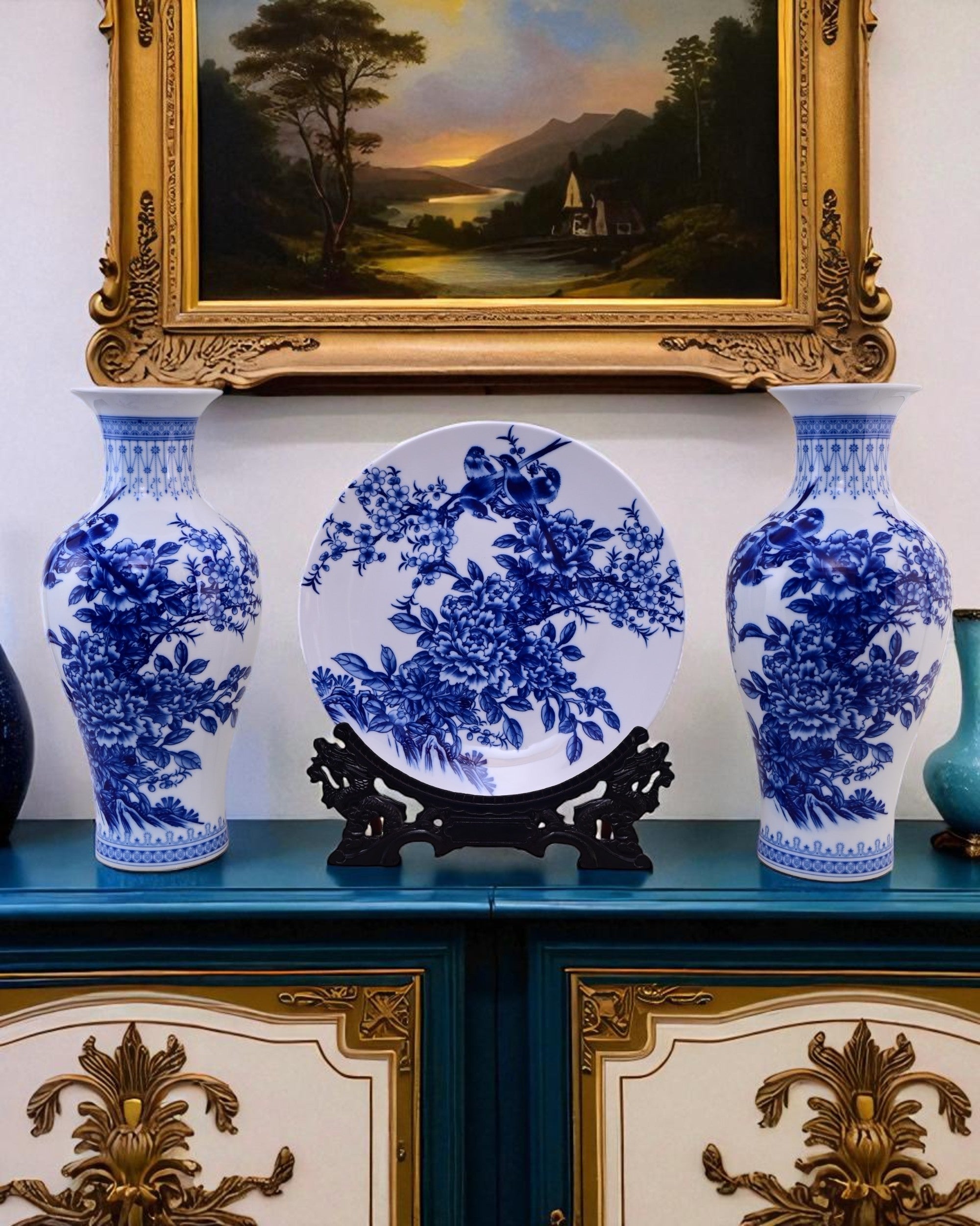 Floral Harmony Ceramic Vase & Decorative Plate - Set Of 3