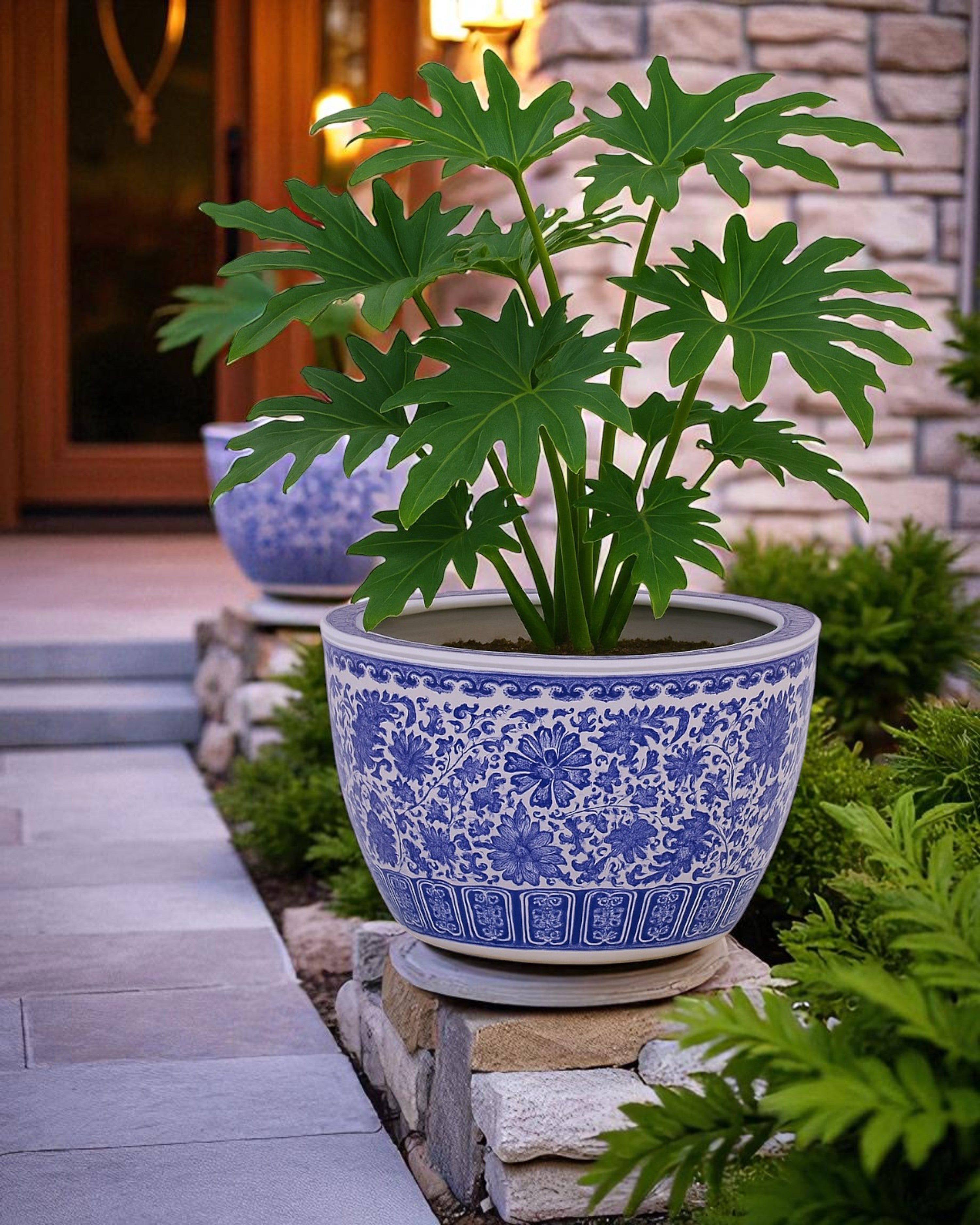 Ornate Blossom Motifs Blue & White Planter