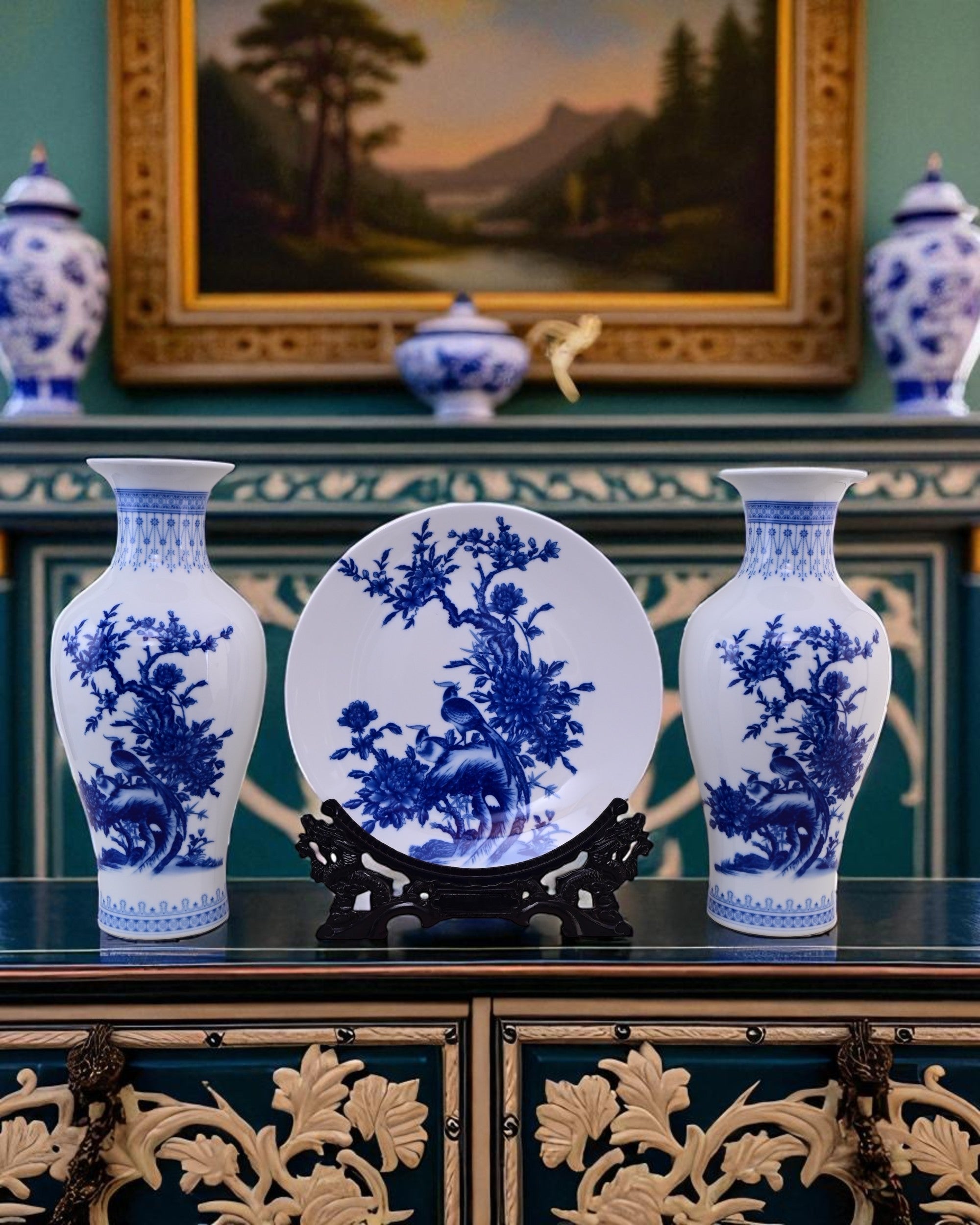 Bird Branches Ceramic Vase & Decorative Plate - Set Of 3